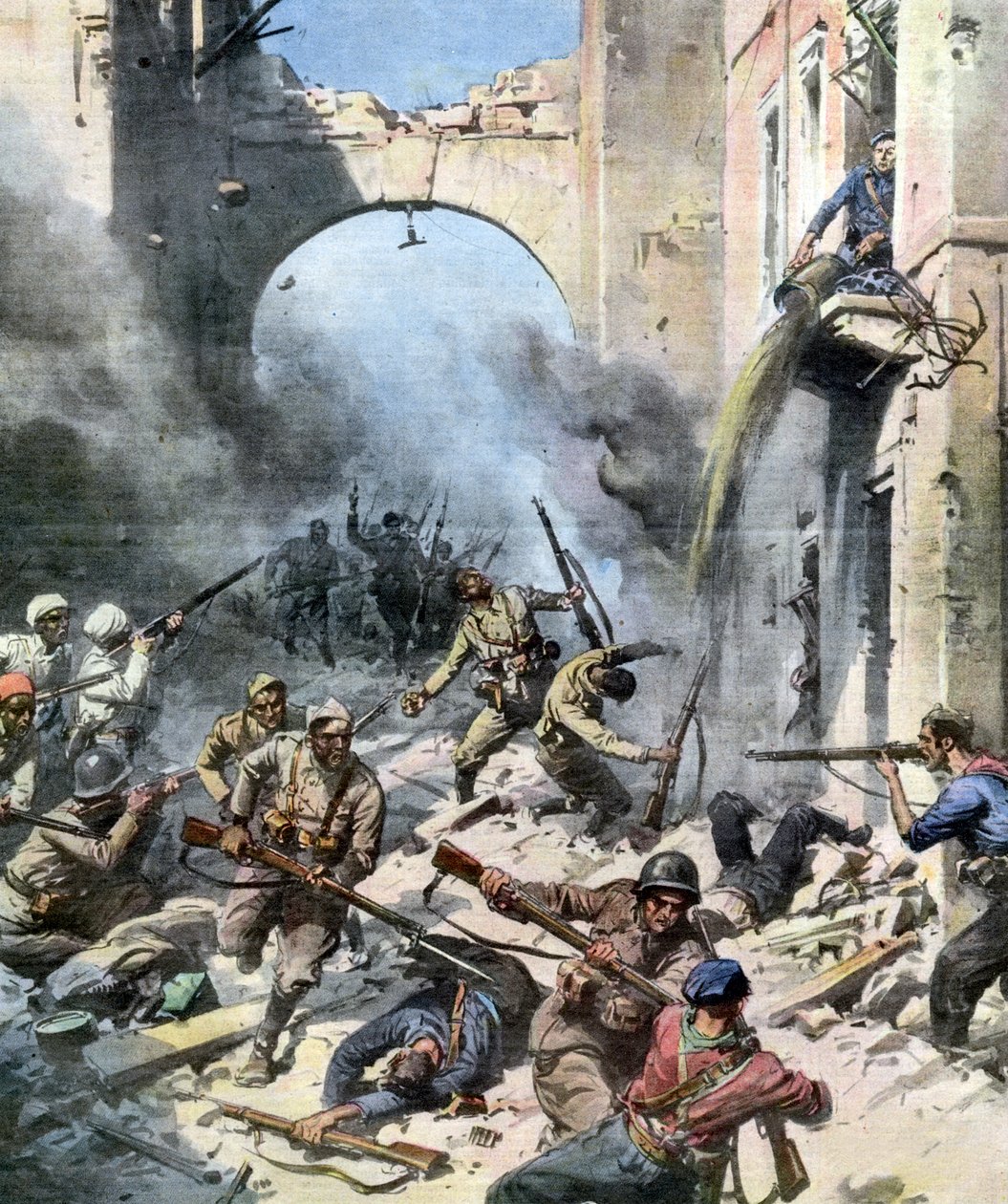 Spanyol polgárháború – Harc Madrid utcáin alkotó: Achille Beltrame