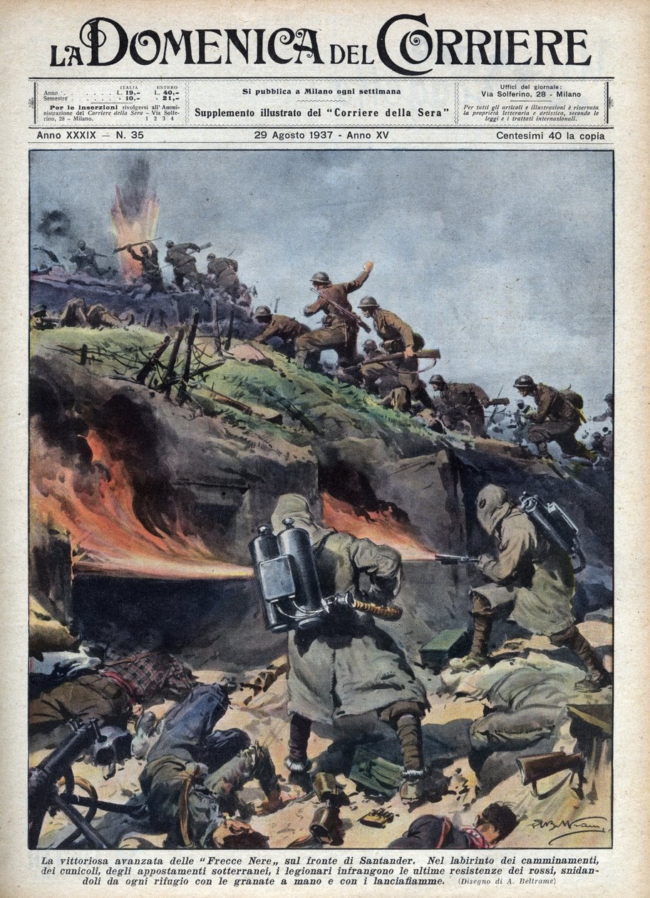 Spanyol polgárháború: A „Frecce nere” dandárok előretörése a Santander fronton. Illusztráció: Achille Beltrame a „La domenica del corriere”-ből, 1937.08.29. alkotó: Achille Beltrame