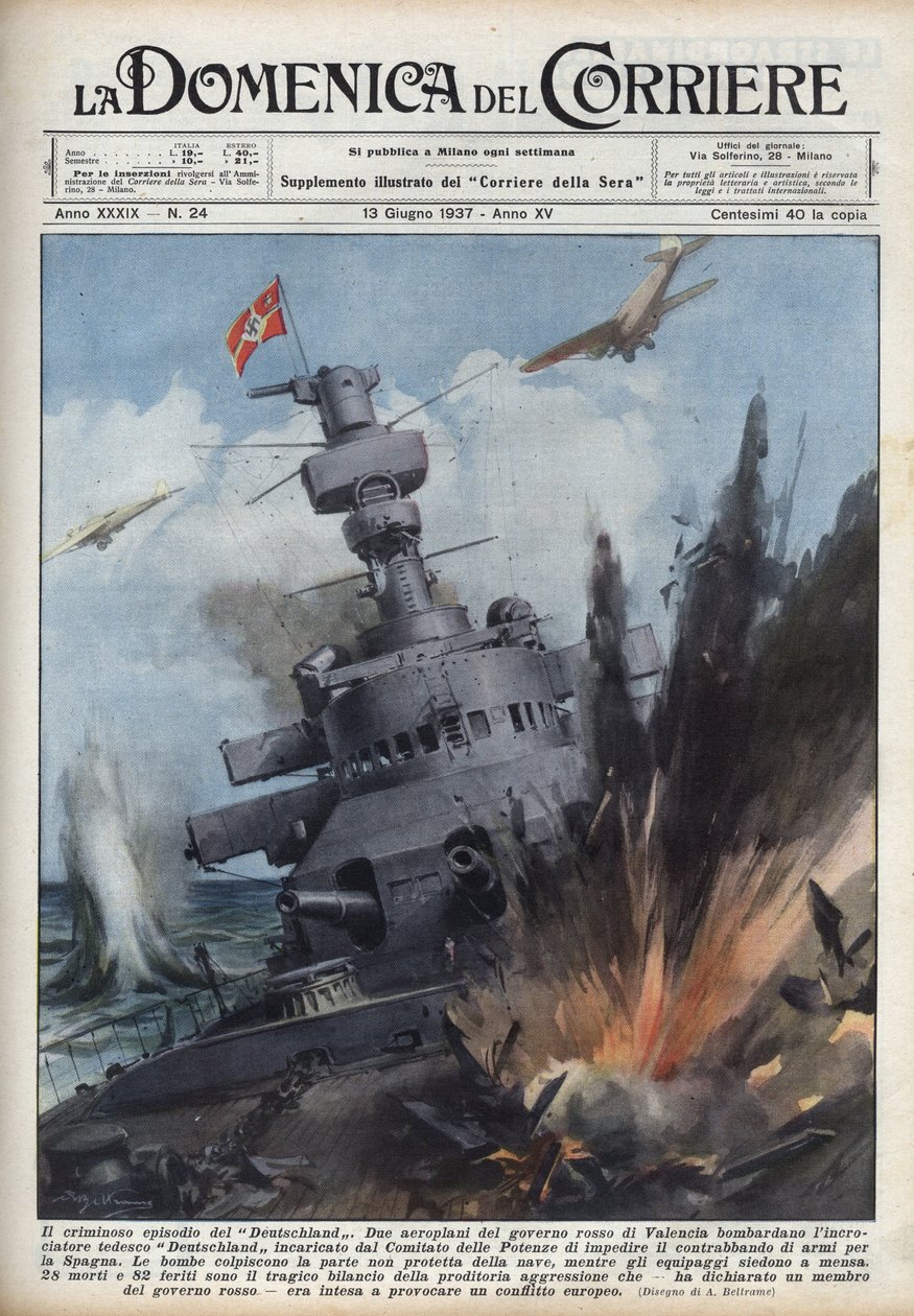 Spanyol polgárháború: A republikánus kormány két gépe Valenciában bombázta a Deutschland német cirkálót, hogy megakadályozzák a Spanyolországba irányuló fegyvercsempészetet. Achille Beltrame illusztrációja a „La domenica del Corriere”-ben, 1937.06.13. alkotó: Achille Beltrame