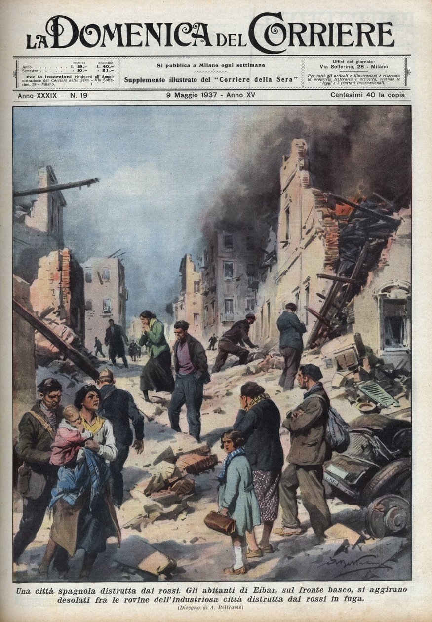 Spanyol polgárháború: kilátás Eibar városának romjaira a vöröstől elpusztított baszk országban. Achille Beltrame illusztrációja a „La domenica del Corriere”-ben, 1937.09.05. alkotó: Achille Beltrame