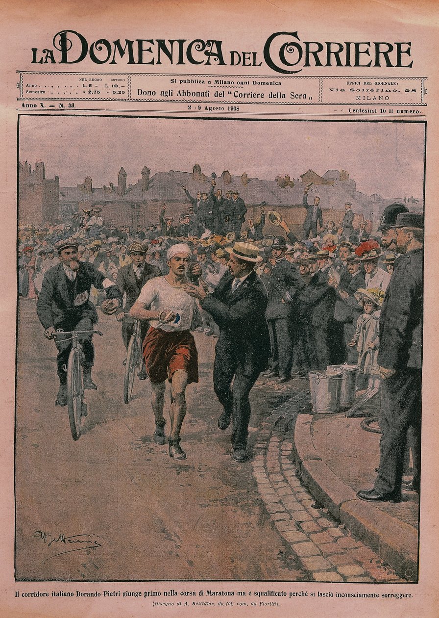 Az 1908-as olimpia, a „La Domenica del Corriere” 1908 címlapja (színes litó) alkotó: Achille Beltrame