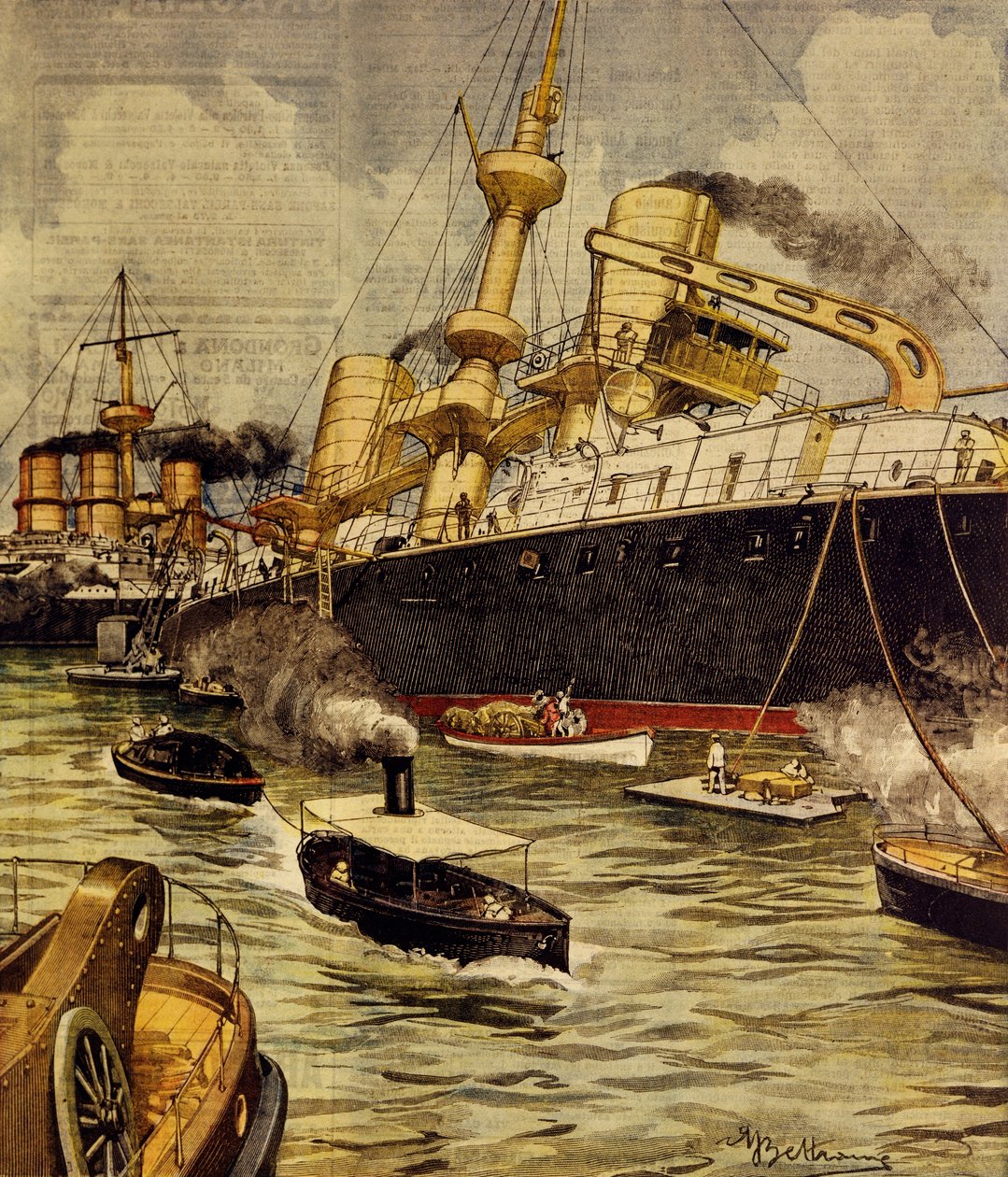 Az Andrea Doria csatahajó zátonyra futott Gallipoli közelében, Achille Beltrame (1871-1945), a La Domenica del Corriere-ből alkotó: Achille Beltrame