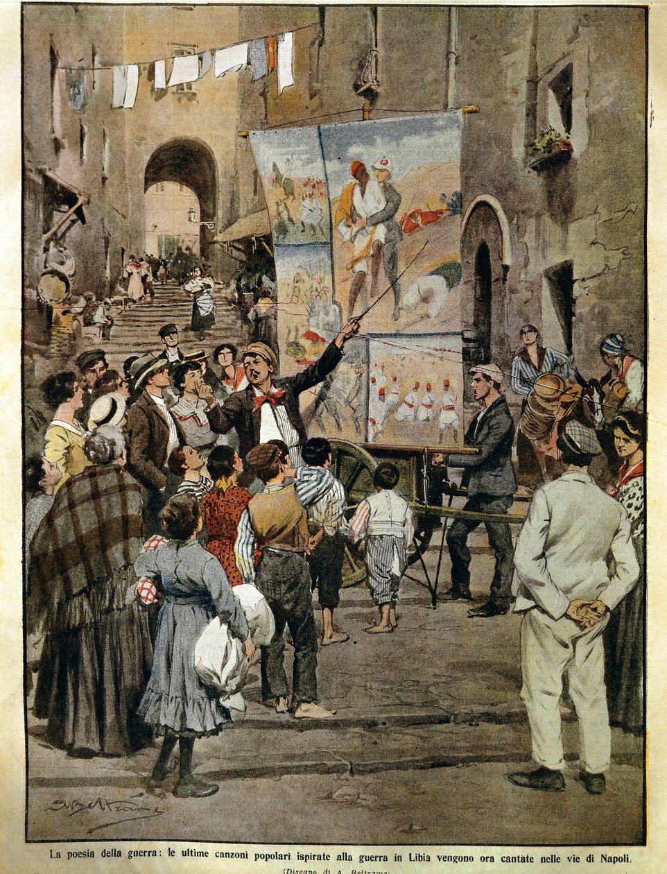 A Domenica del Corriere (olasz vasárnapi újság) 1910. december 8-án, Nápolyban balladaénekesek éneklik a líbiai háború ihlette népdalokat, Achille Beltrame, illusztráció alkotó: Achille Beltrame