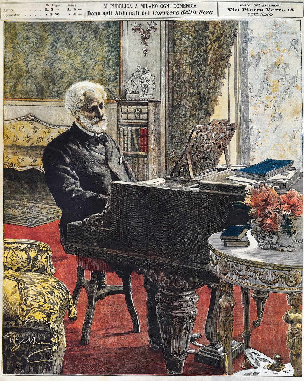 Giuseppe Verdi olasz zeneszerző a dolgozószobájában, Achille Beltrame (1871-1945) lemeze, La Domenica del Corriere, október 8. alkotó: Achille Beltrame