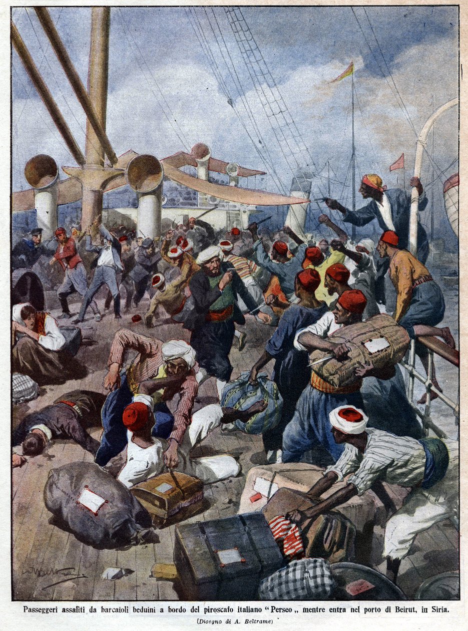 A „Perseo” olasz vonalhajót a szíriai bejrúti kikötőbe való belépéskor tengeri banditák megrohamozzák – a „La Domenica del Corriere”-ben” 1913.07. Beltrame illusztrációja. alkotó: Achille Beltrame