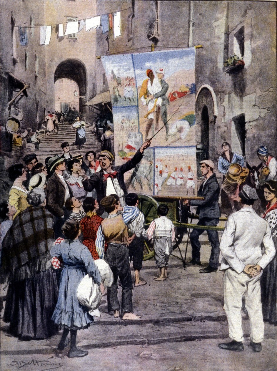 The Poesy of War: A líbiai háború ihlette legújabb népszerű dalokat éneklik Nápoly utcáin utcai művészek. Ill. de Beltrame. La Domenica del Corriere. 1912 alkotó: Achille Beltrame