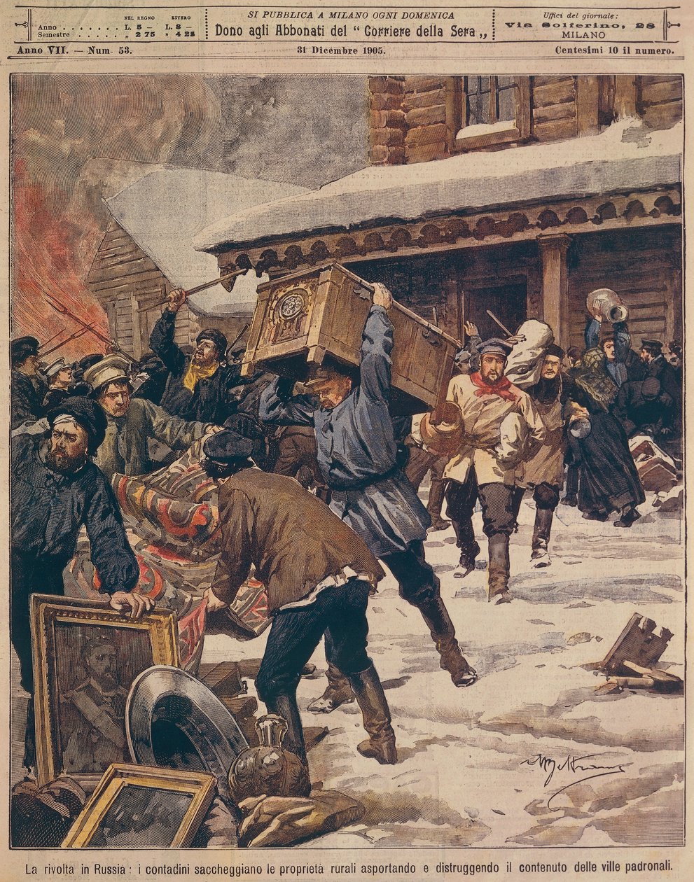 Az orosz forradalom: Parasztok kifosztják a vidéki gazdagok ingatlanait, Achille Beltrame (1871-1945), La Domenica del Corriere, 1905. december alkotó: Achille Beltrame