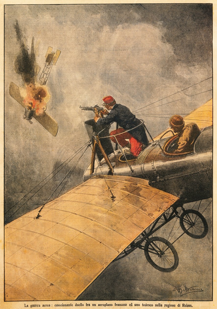 A légi háború: francia és német párbaj a Reims feletti égbolton, Achille Beltrame (1871-1945), La Domenica del Corriere, 1914. október 25. alkotó: Achille Beltrame