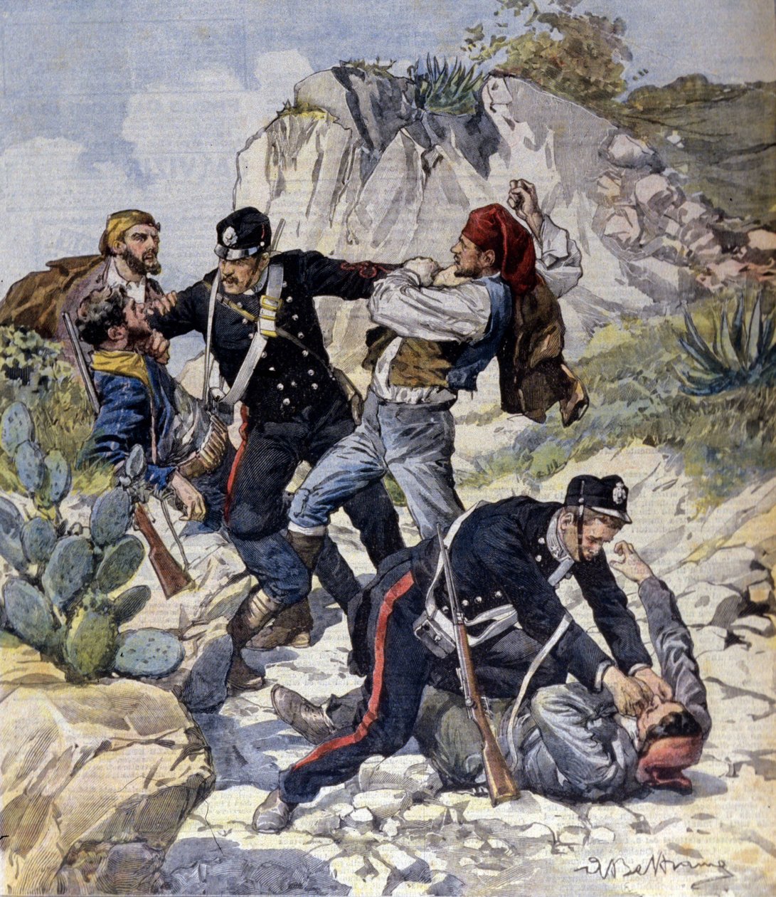 Három veszélyes rabló letartóztatása a szicíliai Trapani közelében. Illusztráció: Beltrame. La Domenica del Corriere. 1902.02.23. alkotó: Achille Beltrame