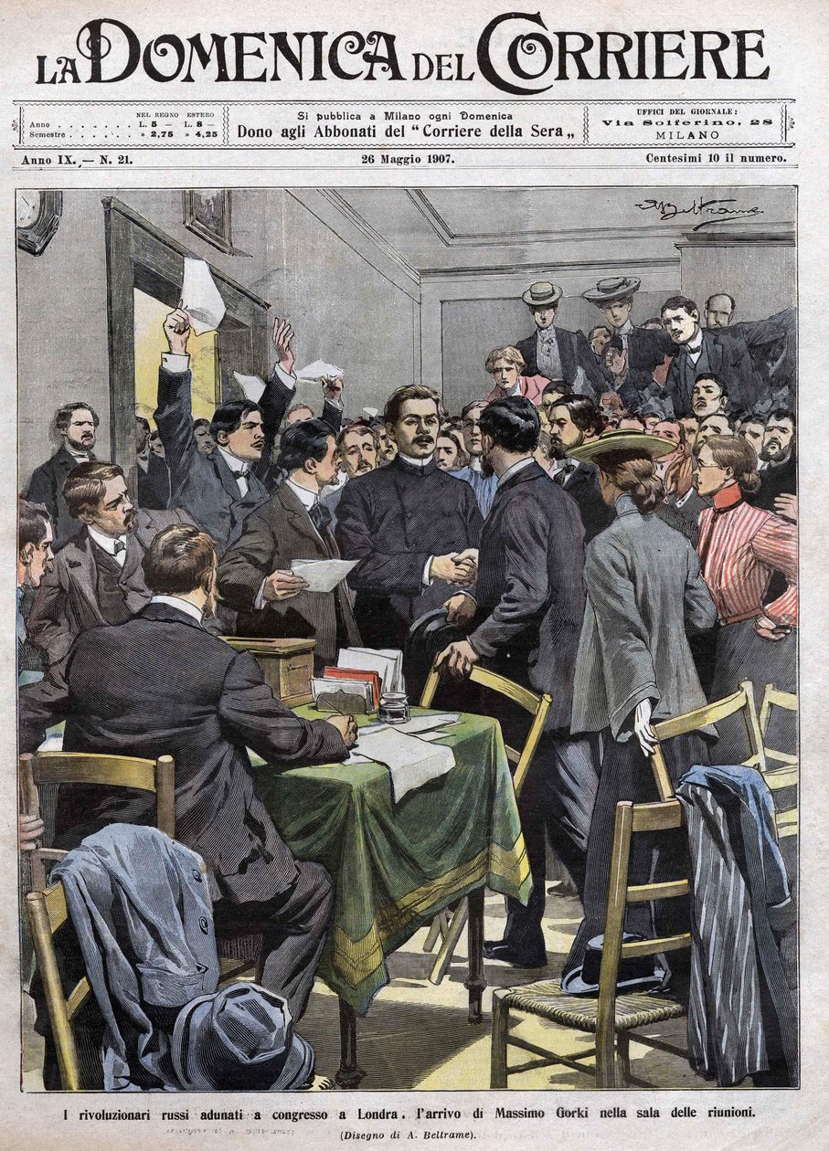 Maxim Gorki érkezése a londoni kongresszus tárgyalójába az 1905-ös oroszországi forradalom után. A La Domenica del Corriere borítója 1907.05.26. alkotó: Achille Beltrame
