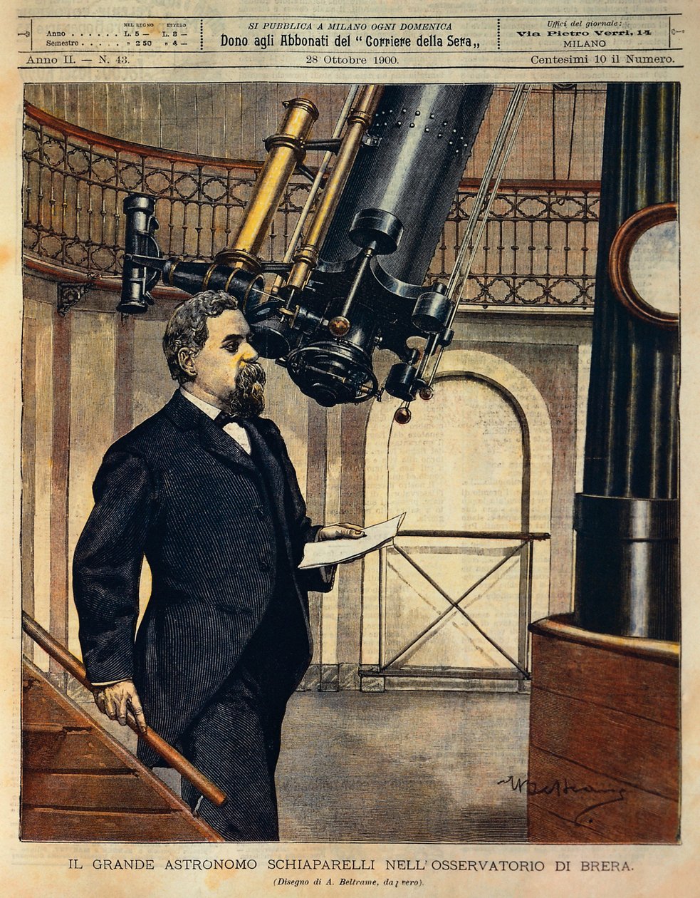 Schiaparelli (1835-1910) csillagász a Brera obszervatóriumban, illusztrációja Achille Beltrame (1871-1945), a La Domenica del Corriere-ből, október 28. alkotó: Achille Beltrame