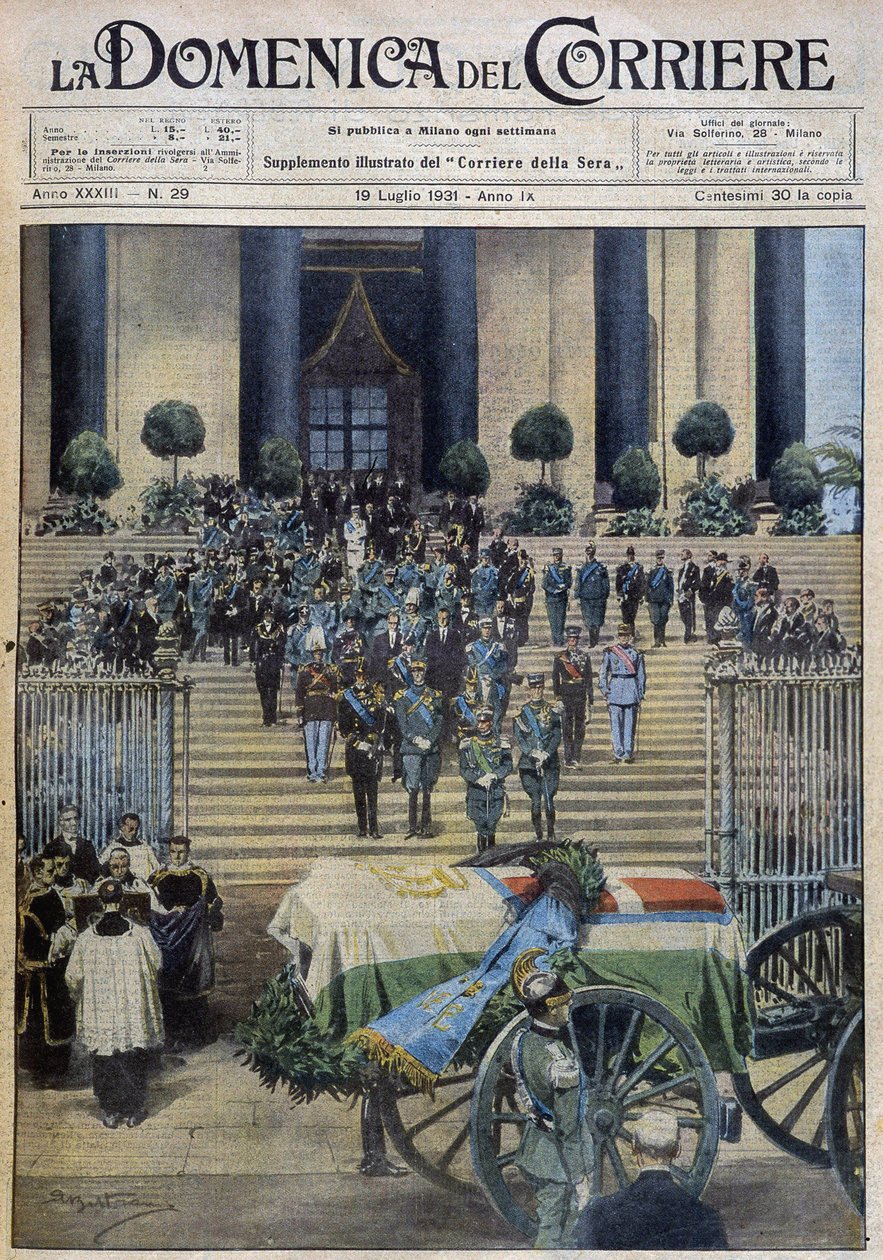 Aosta hercege halandó maradványainak áldása Torinóban, miután a temetési menet átszelte az egész várost - dess. de A. Beltrame: „” la Domenica del Corriere”” 1931.07.19. alkotó: Achille Beltrame