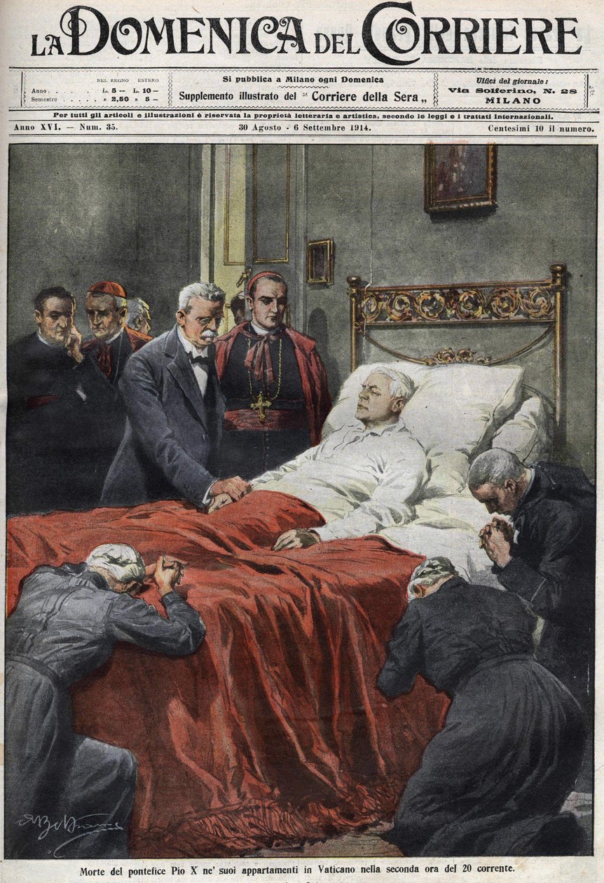 X. Pius pápa halála 1914-ben. A domenica del Corriere augusztus 30-i borítója alkotó: Achille Beltrame