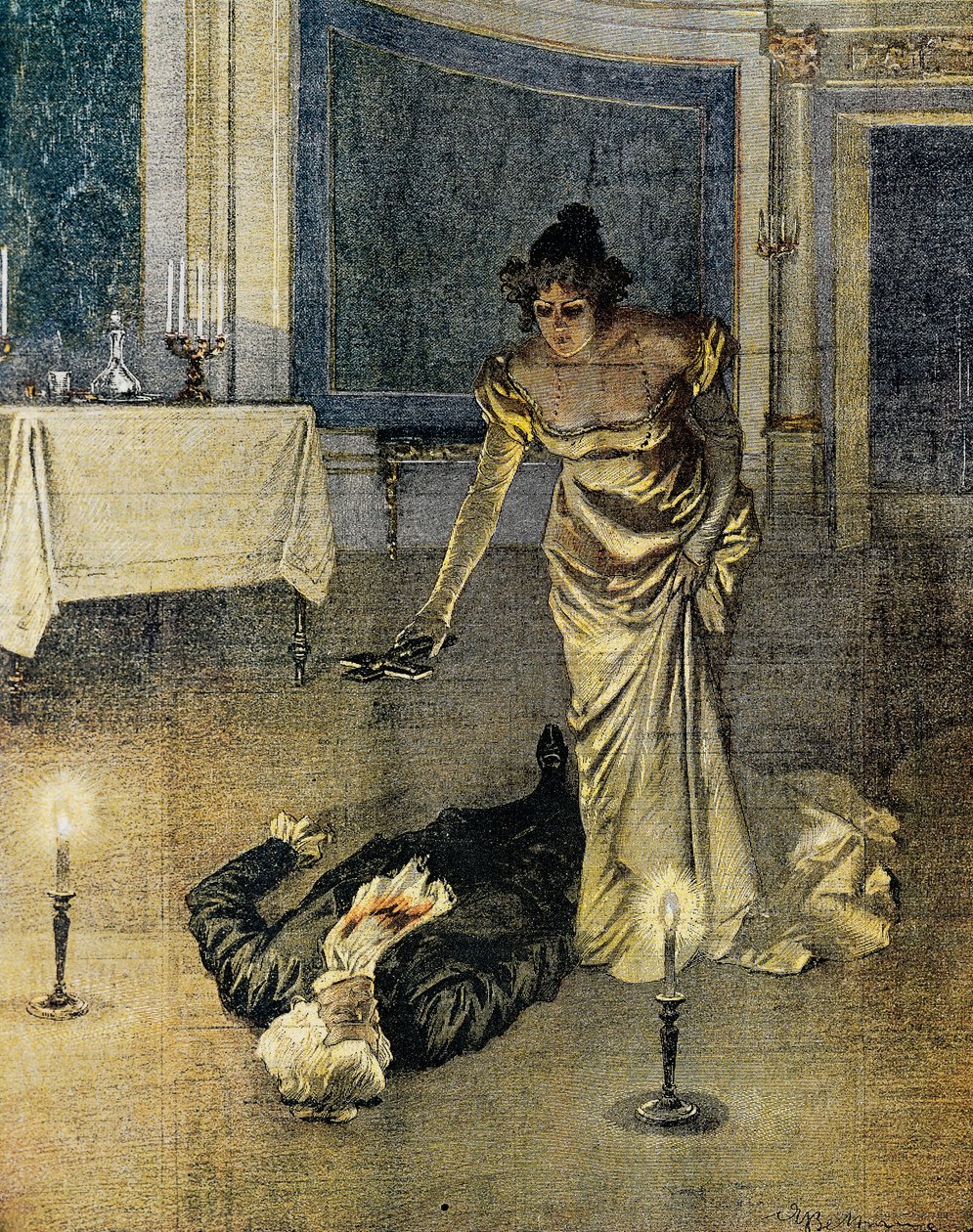 Scarpia halála Giacomo Puccini Tosca II felvonásának végén, Achille Beltrame (1871-1945) lemeze, La Domenica del Corriere, február 4. alkotó: Achille Beltrame