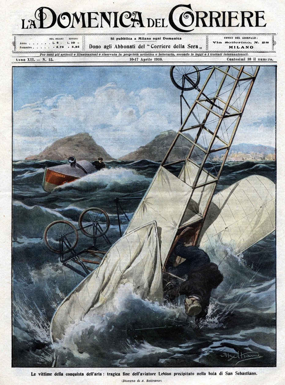 A levegő drámája: Leblon repülős tragikus vége berontott a San Sebastian-öbölbe. Beltrame illusztrációja. La Domenica del Corriere. 1910.04.10-17. alkotó: Achille Beltrame