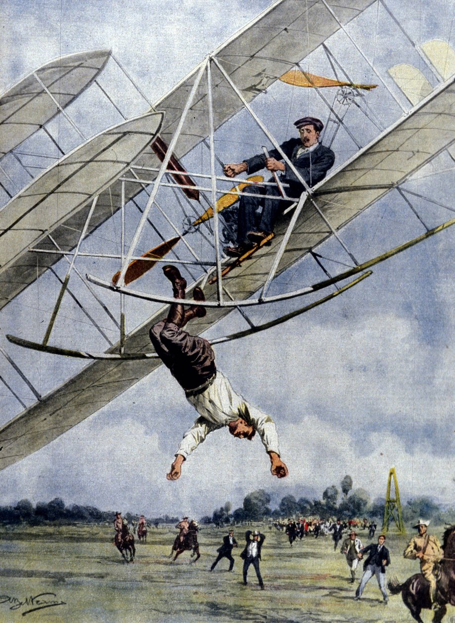 A levegő drámái: Orville Wright és Selfridge amerikai hadnagy harminc méteres magasságból száguldozik gépével. Illusztráció: Beltrame. La Domenica del Corriere. 1908. alkotó: Achille Beltrame