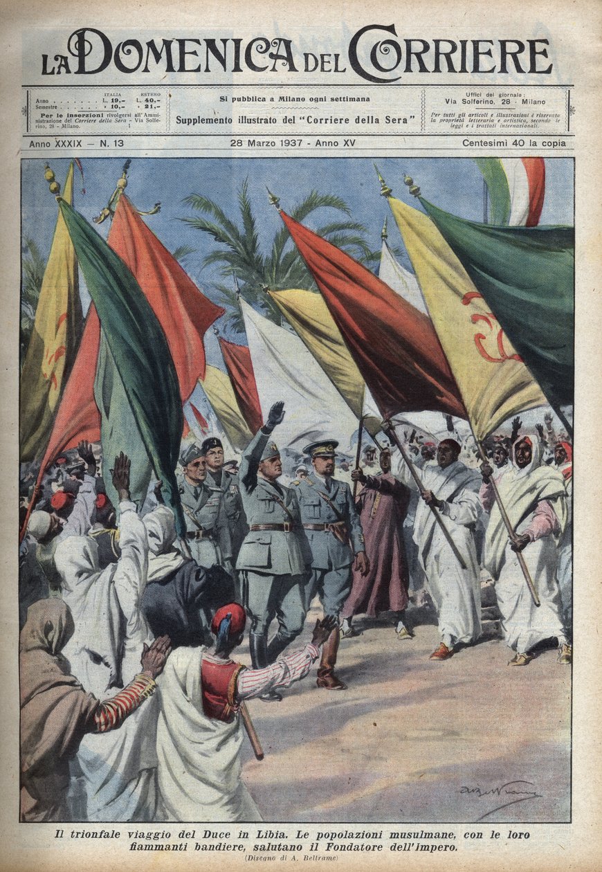 A líbiai úton lévő Benito Mussolini herceget a tömeg fogadja. Achille Beltrame illusztrációja a „” La domenica del Corriere”-ben, 1937.03.28. alkotó: Achille Beltrame
