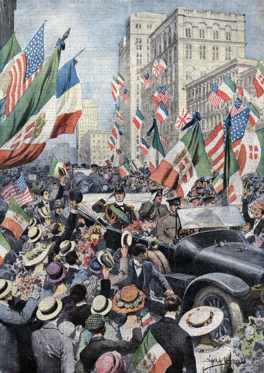 Az amerikaiak lelkes fogadtatása Ferdinand de Savoynak, Genova hercegének és Udine hercegének (1884-1963), amikor Bostonba érkezett. Ill. de Beltrame. La Domenica del Corriere. 06/1917. alkotó: Achille Beltrame