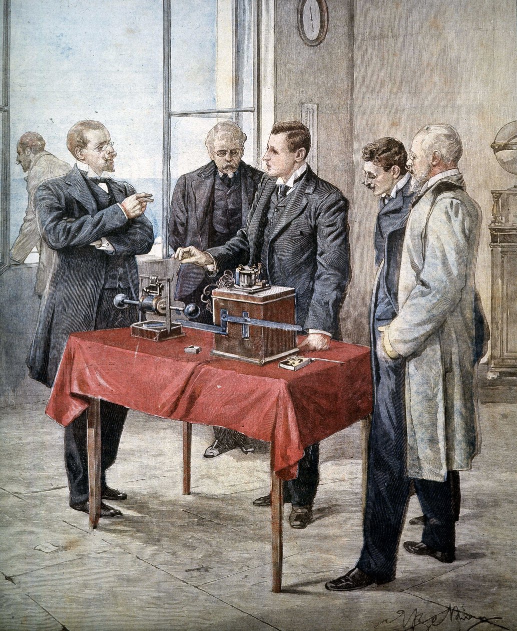 Guglielmo Marconi (1874-1937) tapasztalatai 1899-ben: Vezeték nélküli távírás a csatornán keresztül. Illusztráció: Achille Beltrame a "Domenica del Corriere"-ben. alkotó: Achille Beltrame