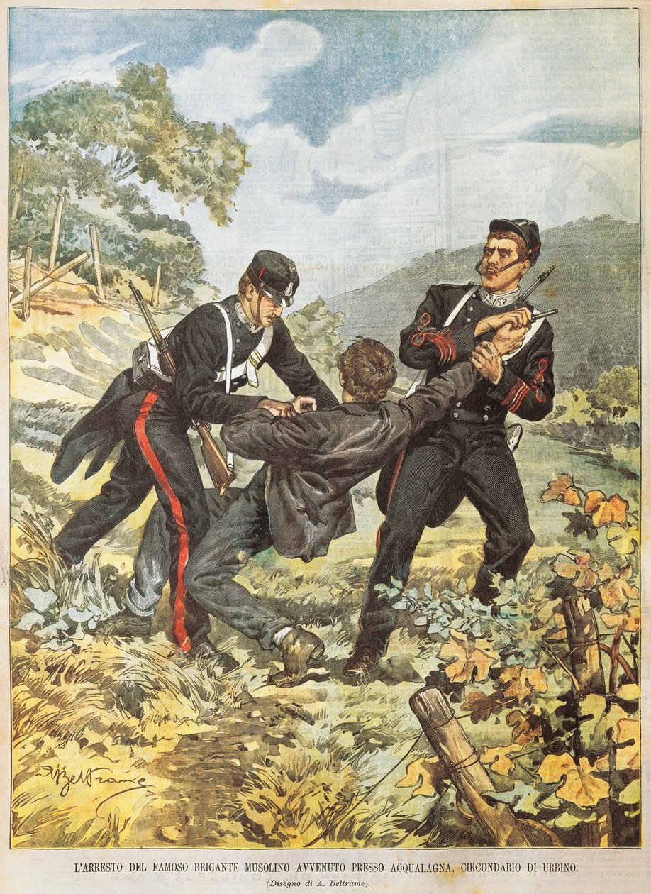 A híres rablót, Musolinót Acqualagna közelében, Urbino kerületében tartóztatta le Achille Beltrame (1871-1945), La Domenica del Corriere-ből, 1901. október 27-én. alkotó: Achille Beltrame