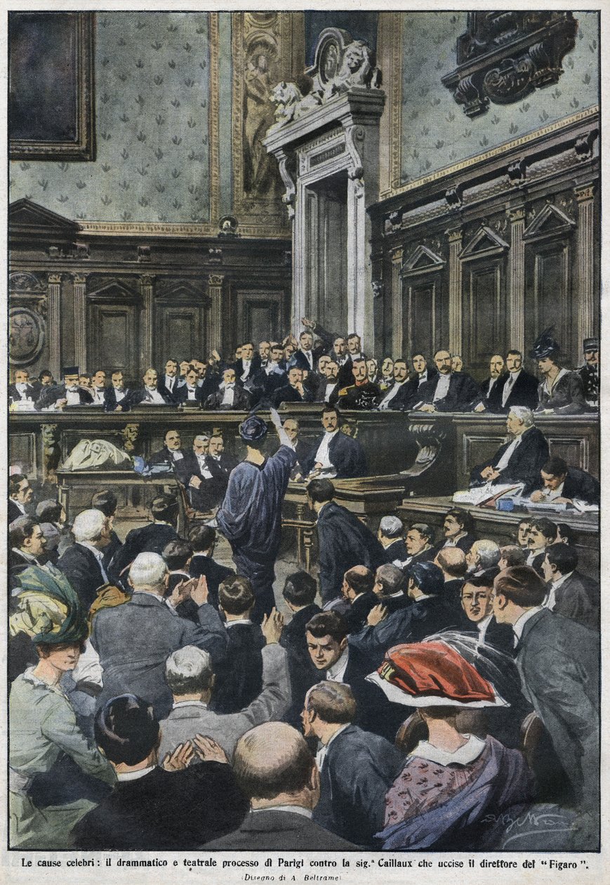 A nagy procés: Madame Caillaux nagy procéja Párizsban, aki meggyilkolta a Figaro igazgatóját. „La Domenica del Corriere”, 1914. november 22–29. alkotó: Achille Beltrame