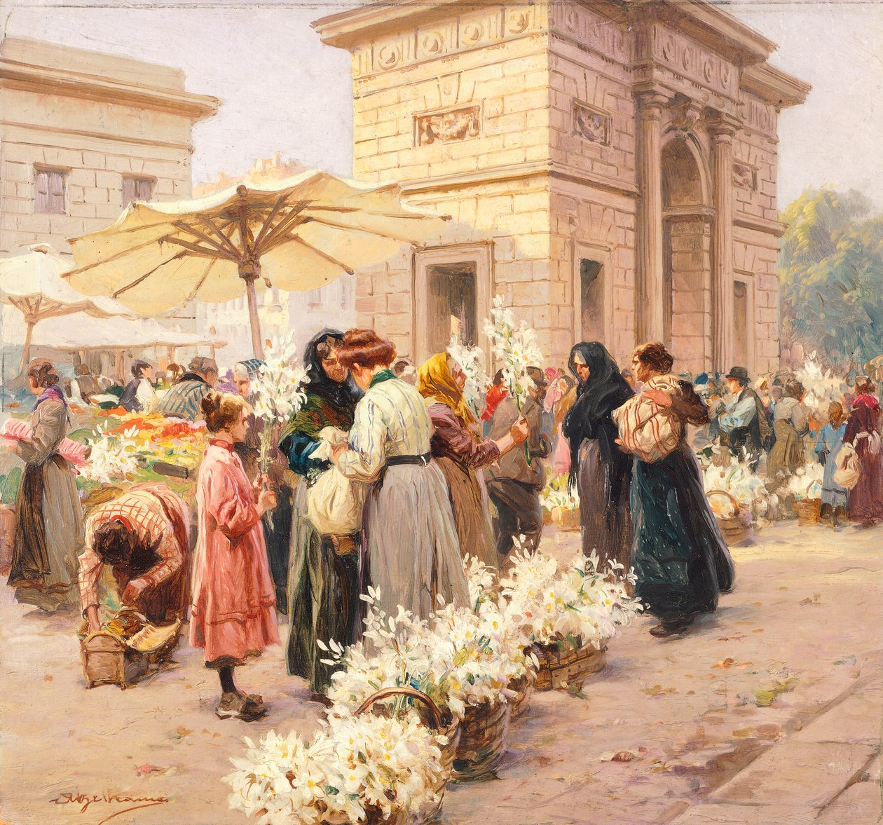 Liliompiac a milánói Porta Garibaldiban, Achille Beltrame (1871-1945), La Domenica del Corriere, Olaszország XX. századi alkotó: Achille Beltrame