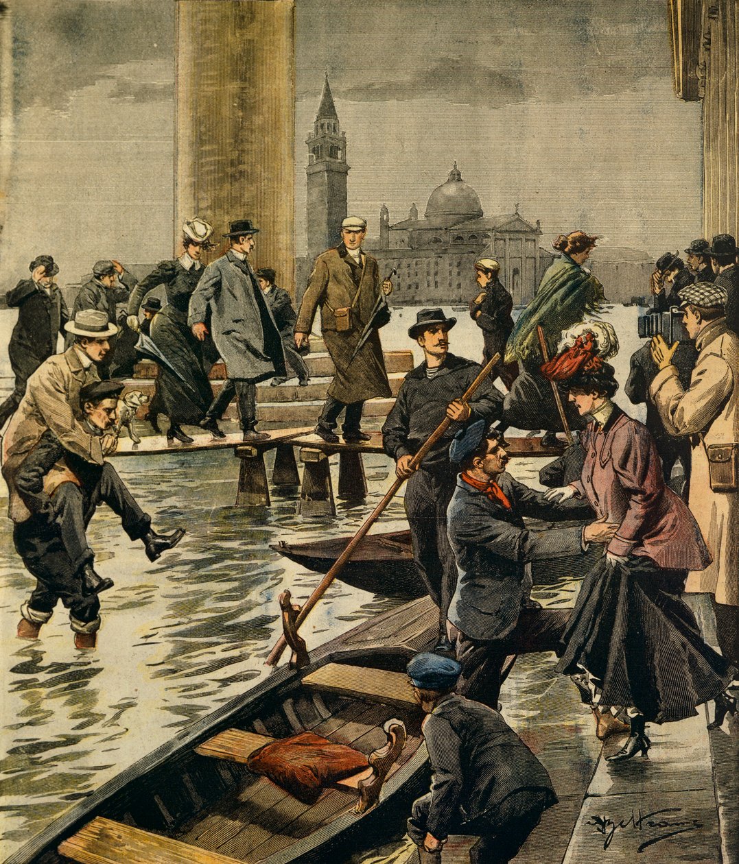 A magas víz jelensége a velencei Szent Márk téren, Achille Beltrame (1871-1945) a La Domenica del Corriere-ből alkotó: Achille Beltrame