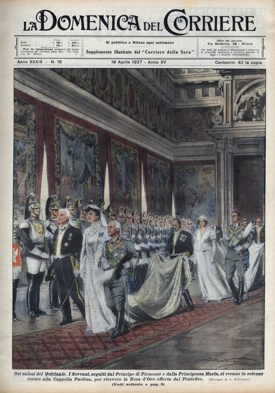 A királyi pár, III. Viktor Emmanuel (Victor-Emmanuel) (III. Vittorio Emanuele) (1869-1947) és felesége, montenegrói Heléne, majd II. Humbert (Umberto) herceg és Mária José (belga Marie-Jose, savoiai Maria José) ) menjen a Paolina kápolnába (Paol alkotó: Achille Beltrame
