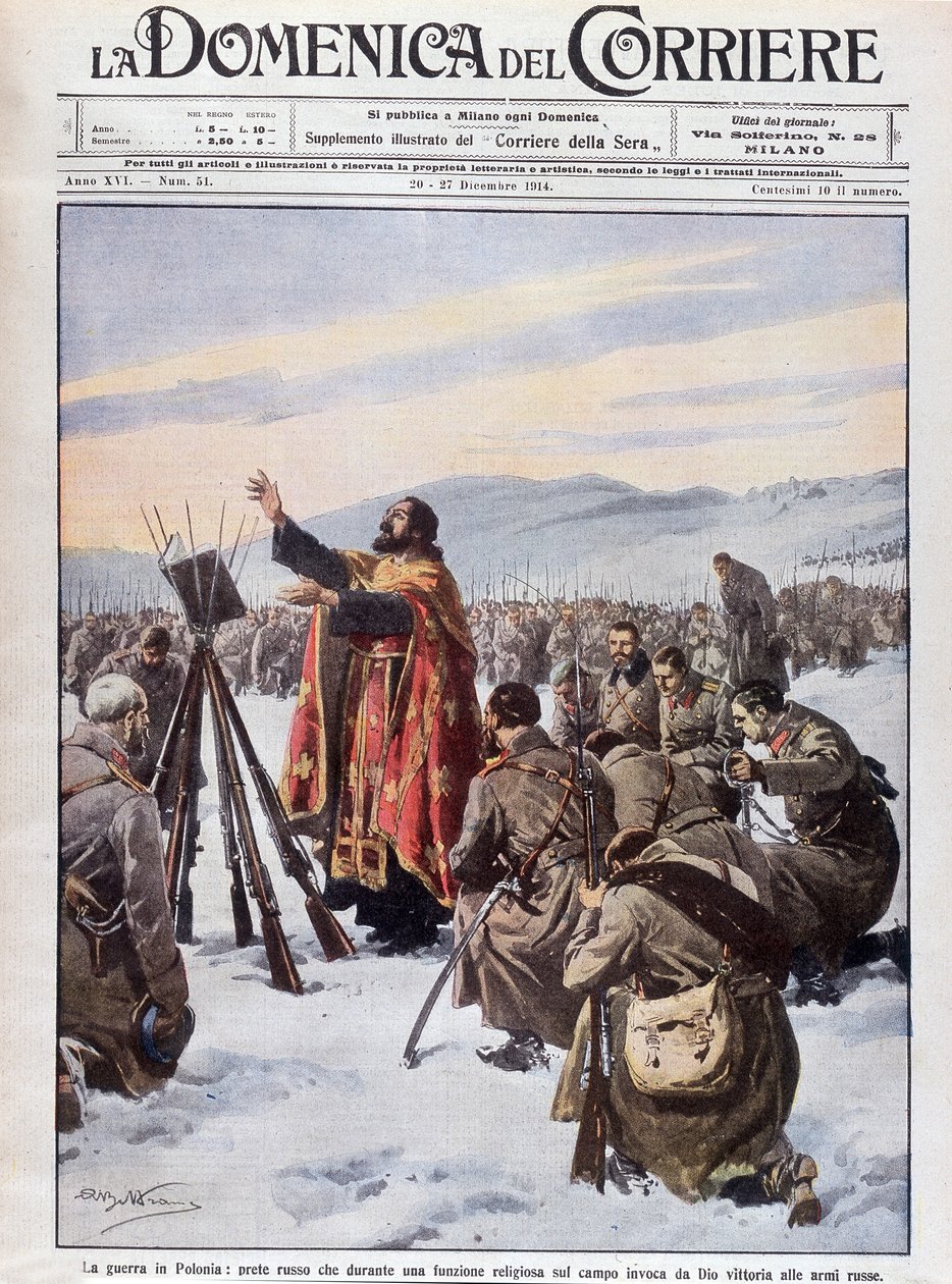 A háború Lengyelországban, egy orosz pap Istent kérve, hogy segítse az orosz hadsereget, egy misén a csatatéren. A „La Domenica del Corriere” címlapja 1914. december 20-tól 27-ig. alkotó: Achille Beltrame