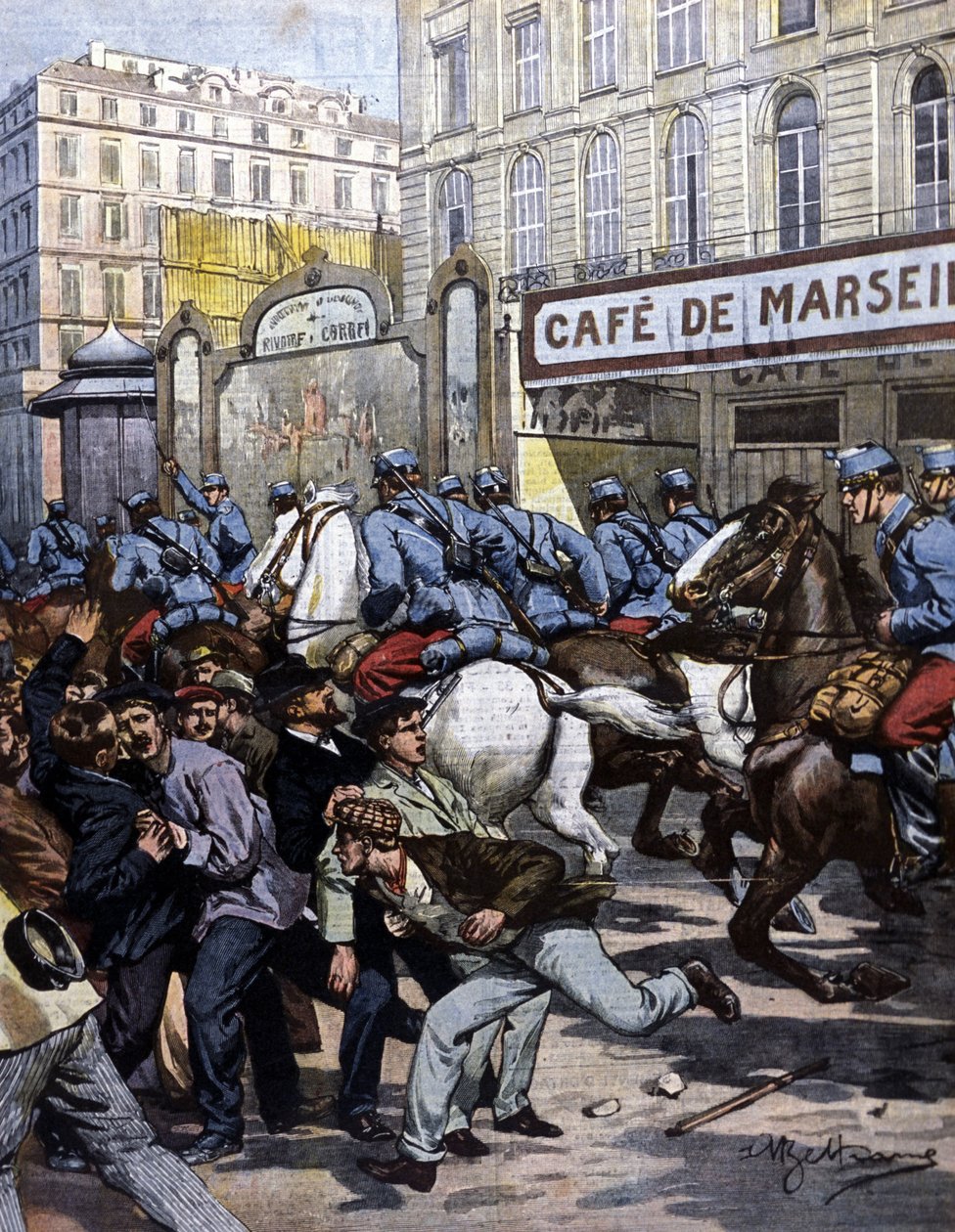A marseille-i munkássztrájkok: a Canebière-en vezető huszárok. Illusztráció: Beltrame. La Domenica del corriere. 1901. alkotó: Achille Beltrame