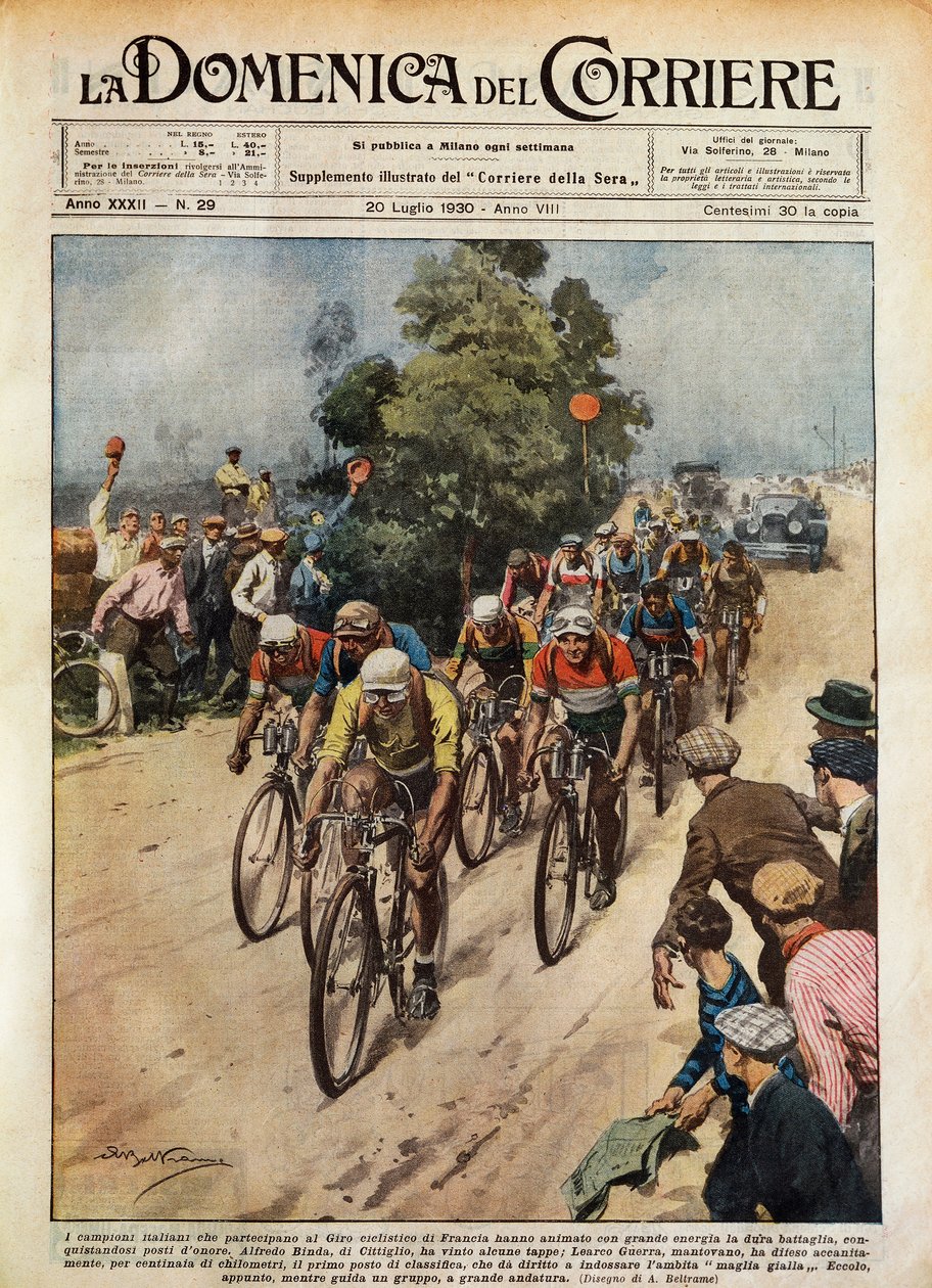 Tour de France, Learco Guerra (1902-1963) vezető csomag, Achille Beltrame (1871-9145) illusztrációja a La Domenica del Corriere-ből, július 20. alkotó: Achille Beltrame
