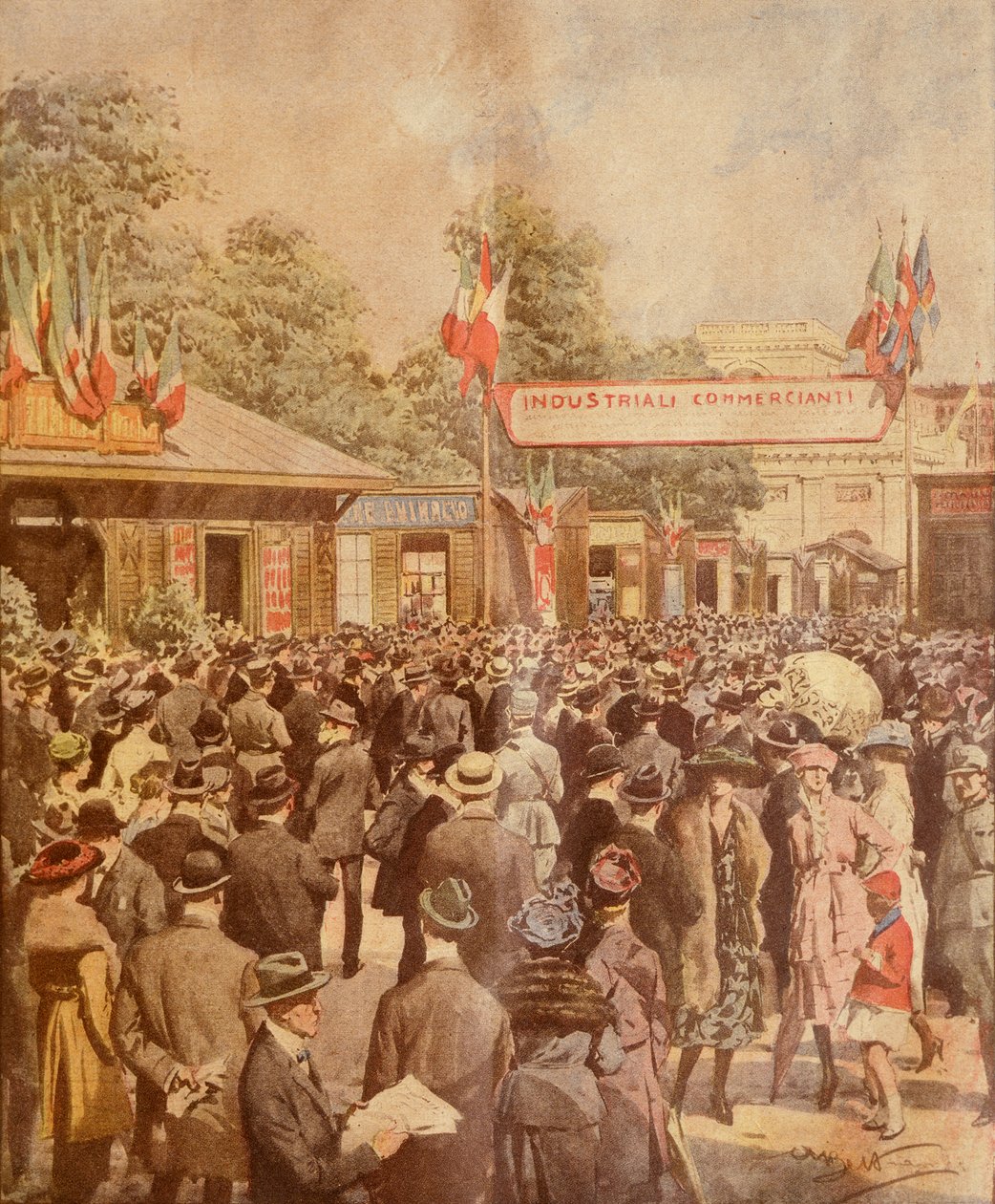Milánói vásár, Achille Beltrame, illusztráció, Achille Beltrame (1871-1945) illusztrátor, La Domenica del Corriere, 1921. április 24. alkotó: Achille Beltrame