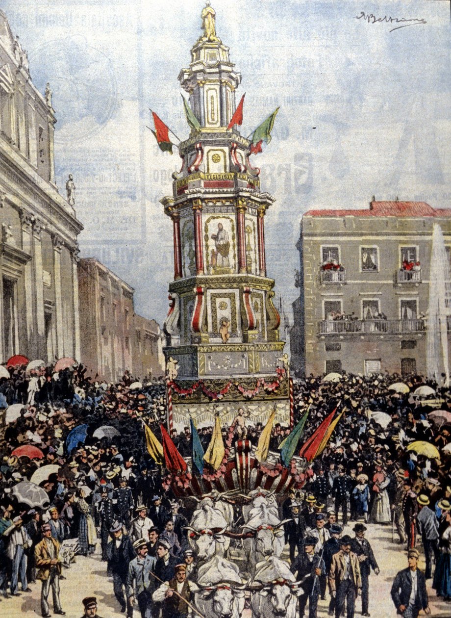 Hagyományos szicíliai fesztivál: egy tank vezetett menetben Castelterminibe (Girgenti). Beteg. de Beltrame. A futár vasárnapja. 1904. alkotó: Achille Beltrame