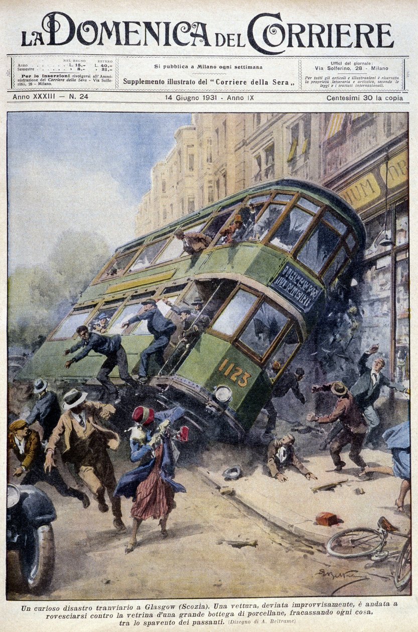 Villamosbaleset a skóciai Glasgow-ban: az egyik autó egy porcelán vitrinre és a járókelőkre ömlött – A. Beltrame rajza a „La Domenica del Corriere”-ben, 1931. február 1. alkotó: Achille Beltrame