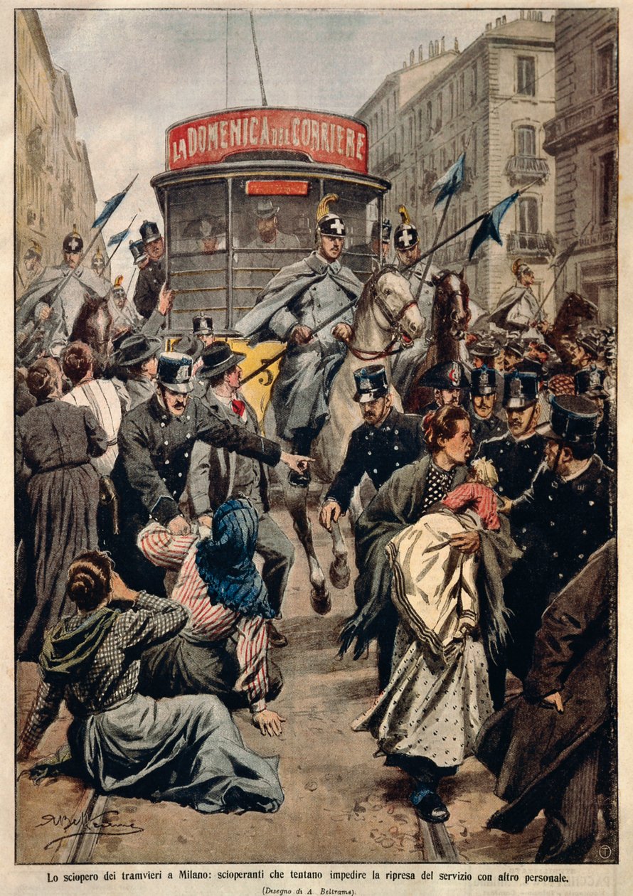 Villamossztrájk Milánóban, Achille Beltrame, illusztráció, Illusztrátor Achille Beltrame (1871-1945), a La Domenica del Corriere-ből alkotó: Achille Beltrame