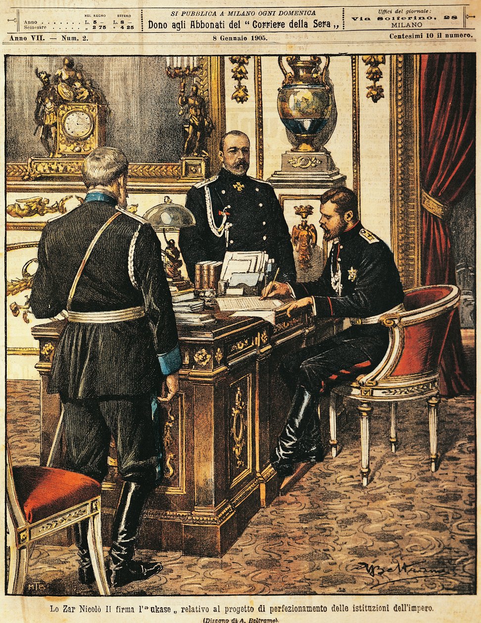 Miklós cár aláírta az intézményi reformok projektjét, Achille Beltrame (1871-1945), a La Domenica del Corriere-től, 1905. január 8. alkotó: Achille Beltrame