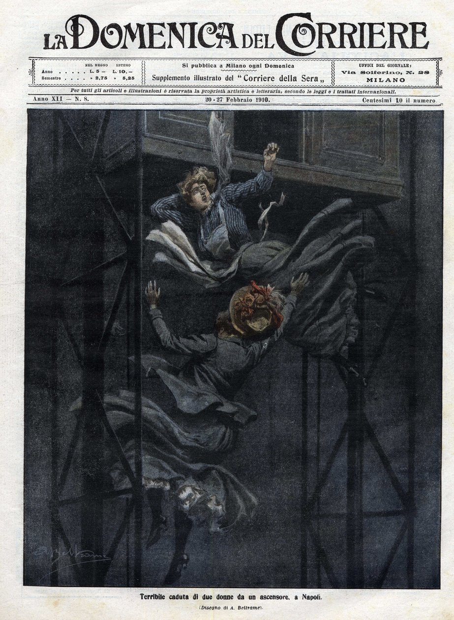 Két nő esett le egy liftből Nápolyban 1910-ben. alkotó: Achille Beltrame