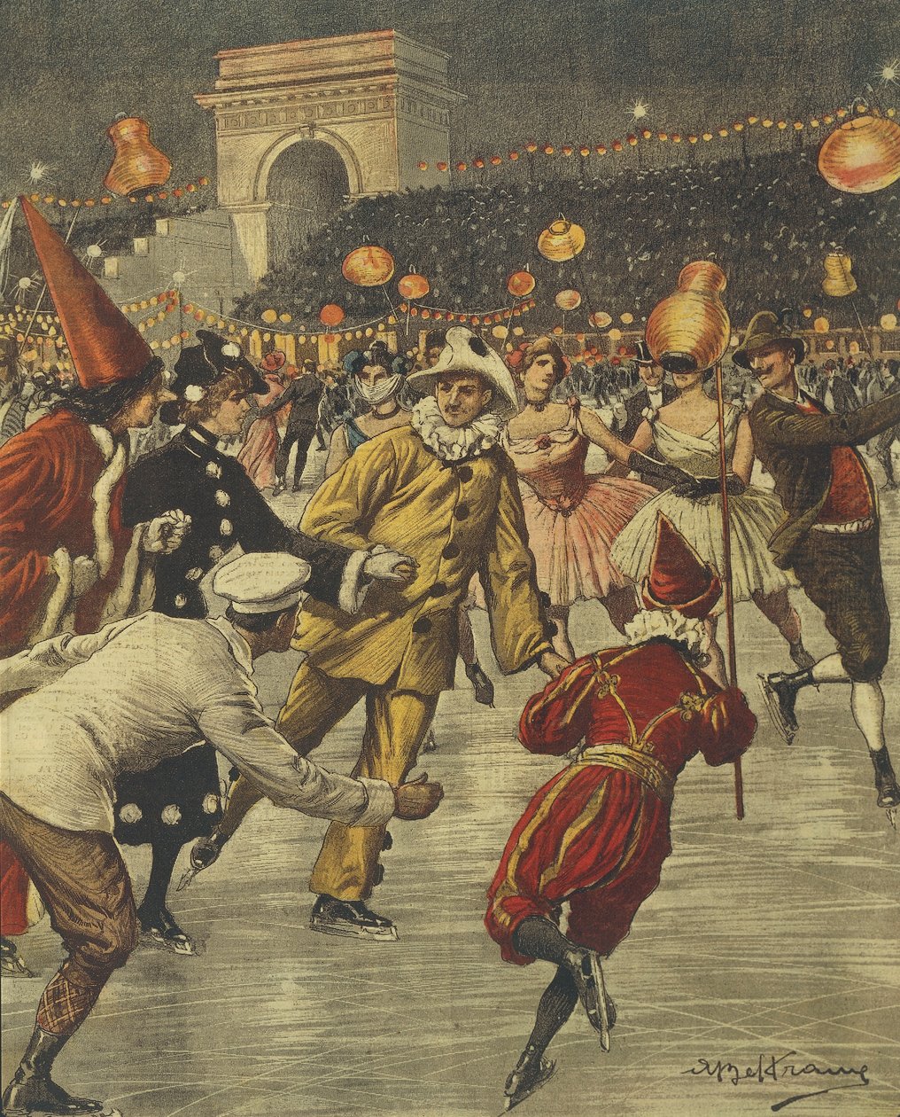 Tipikus jelmezes parti a jégen a milánói Arenben, Achille Beltrame, illusztráció, Achille Beltrame (1871-1945), a La Domenica del Corriere-ből alkotó: Achille Beltrame