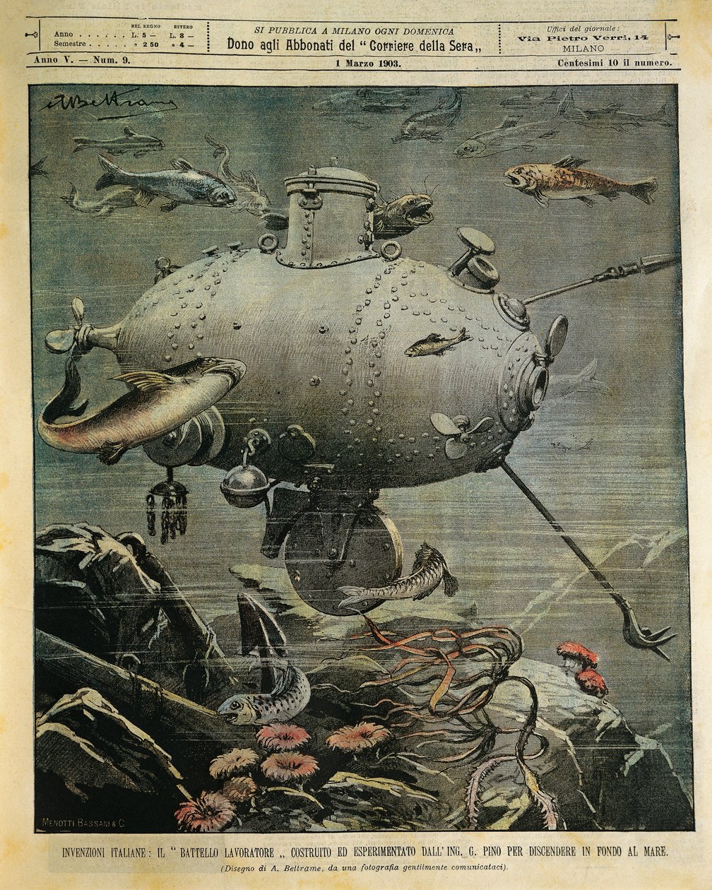 Víz alatti tengeri hajó a tengerfenék felfedezéséhez, Achille Beltrame (1871-1945) illusztrációja, La Domenica del Corriere, március 1. alkotó: Achille Beltrame