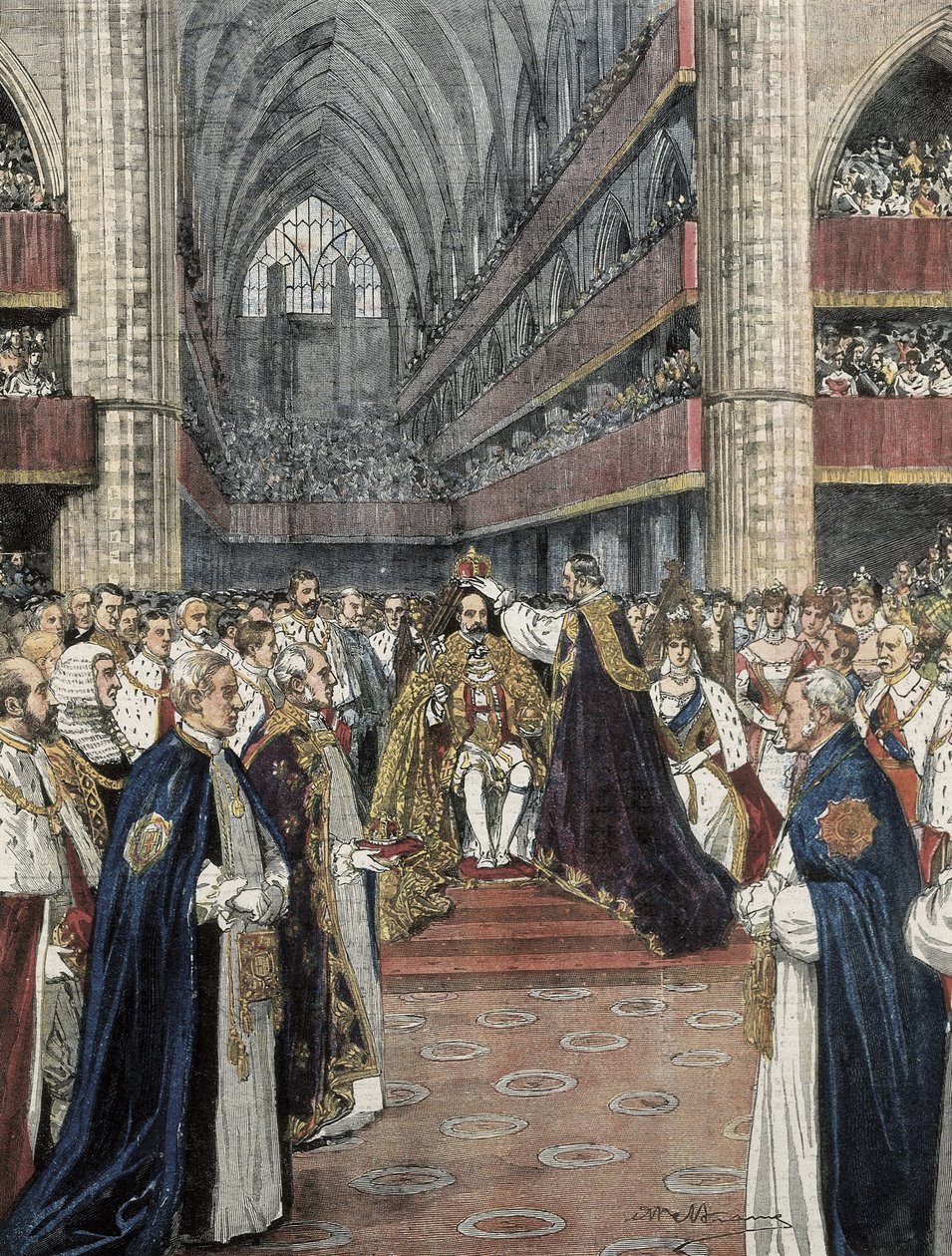 Egyesült Királyság (1901). VII. Edward koronázása a westminsteri apátságban. Achille Beltrame illusztrációja a Domenica del Corriere-ben jelent meg. Metszés. alkotó: Achille Beltrame