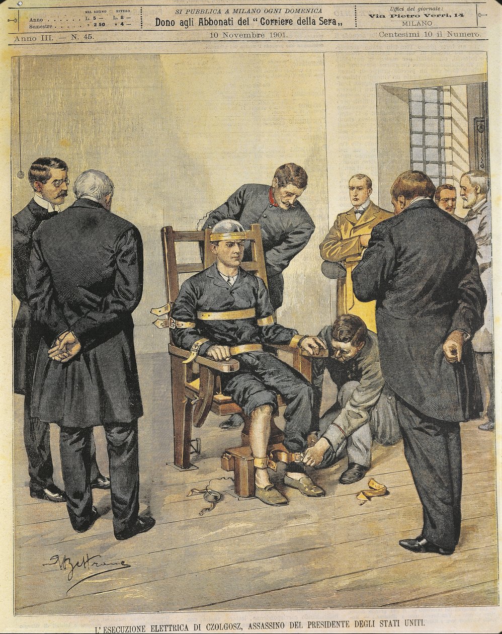 Amerikai Egyesült Államok, XX. század, Czolgosz, McKinley amerikai elnök gyilkosának elektromos székes kivégzése, 1901. október 29. (mű egy magazin borítójáról) alkotó: Achille Beltrame