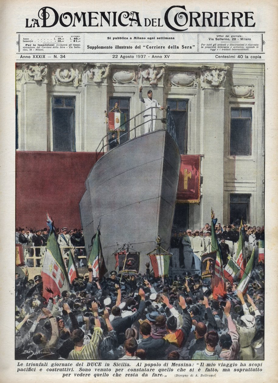 Benito Mussolini herceg látogatása Messinában egy szicíliai utazás során. Illusztráció: Achille Beltrame a „La domenica del corriere”-ből, 1937.08.22. alkotó: Achille Beltrame