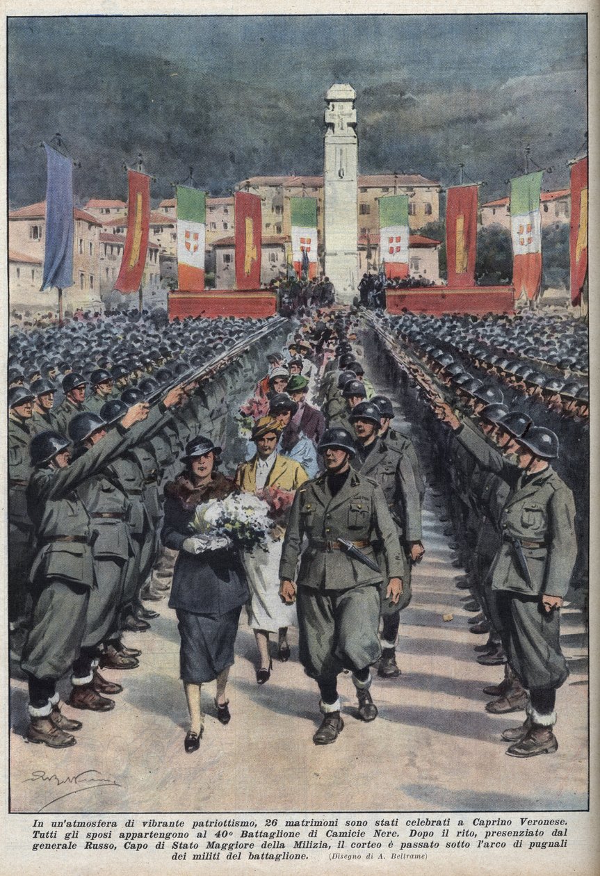 Fekete inges tagok esküvői ceremóniája Veronese Caprino en Venetie-ben. Illusztráció: Achilles Beltrame de „” La Domenica del corriere ”” ”, 1937.10.10. alkotó: Achille Beltrame