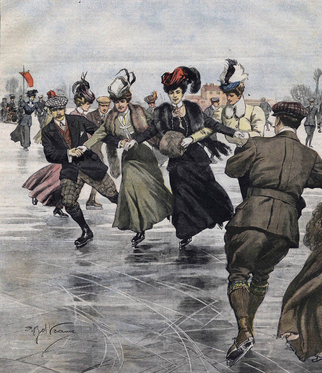 Téli mulatság. Korcsolyázók. Achille Beltrame illusztrációja 1907-ben. alkotó: Achille Beltrame