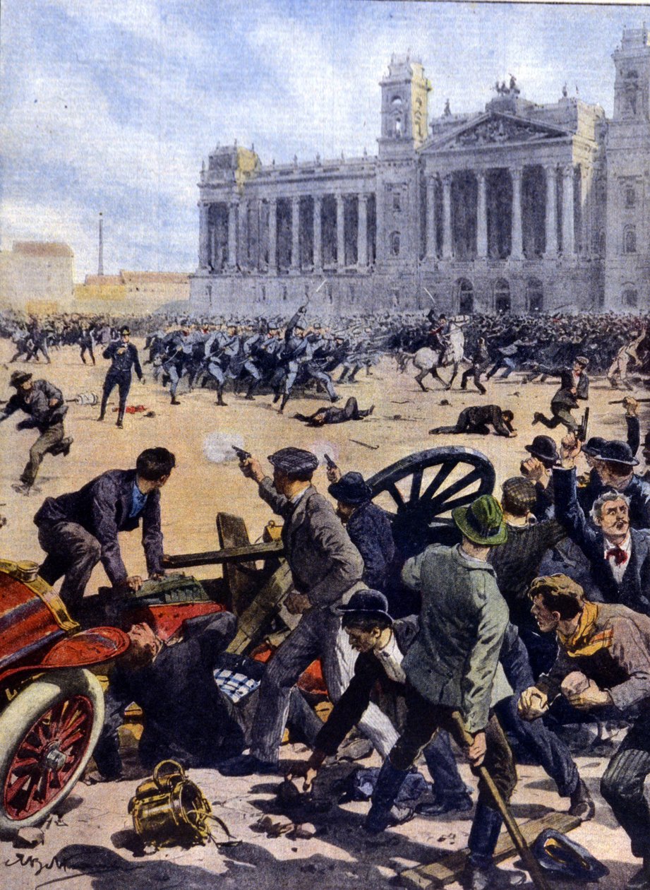 Munkáslázadás Budapesten 1912-ben az általános választójogért. alkotó: Achille Beltrame