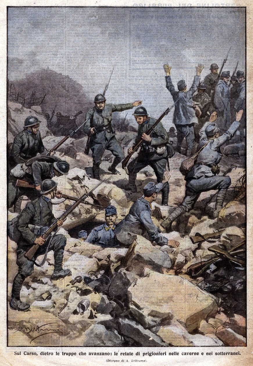 I. világháború: olasz front a Carso-fennsíkon (Trentino) és foglyok a föld alatt. „Domenica del Corriere”. 1917/07 (kőnyomat) alkotó: Achille Beltrame
