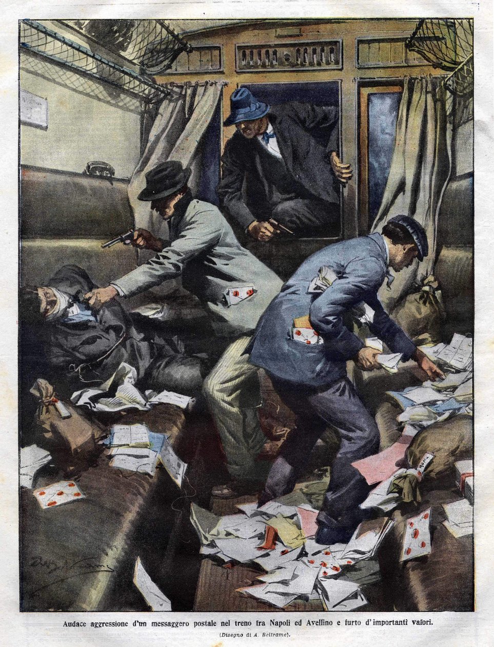 banditák a támadásnál egy postavonatban Nápoly és Avellino között 1910-ben. Achilles Beltrame illusztráció a Domenica del corriere-hez. alkotó: Achille Beltrame