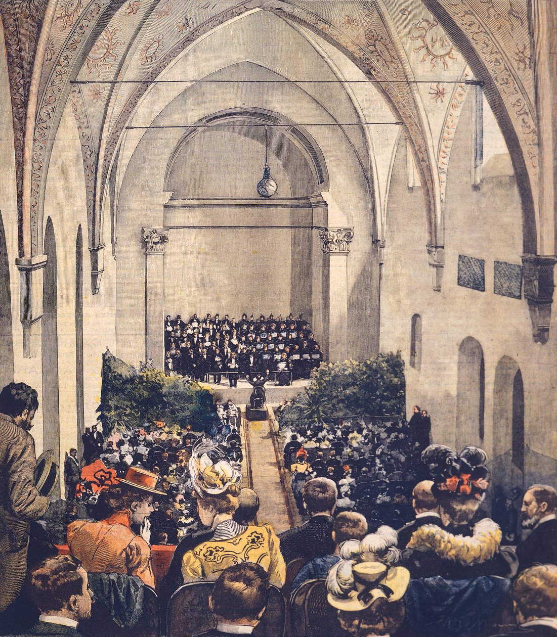 a milánói Perosi Music Hall ünnepsége, Achille Beltrame (1871-1945), borítóillusztráció a La Domenica del Corriere-ből, 1900. május 6. alkotó: Achille Beltrame