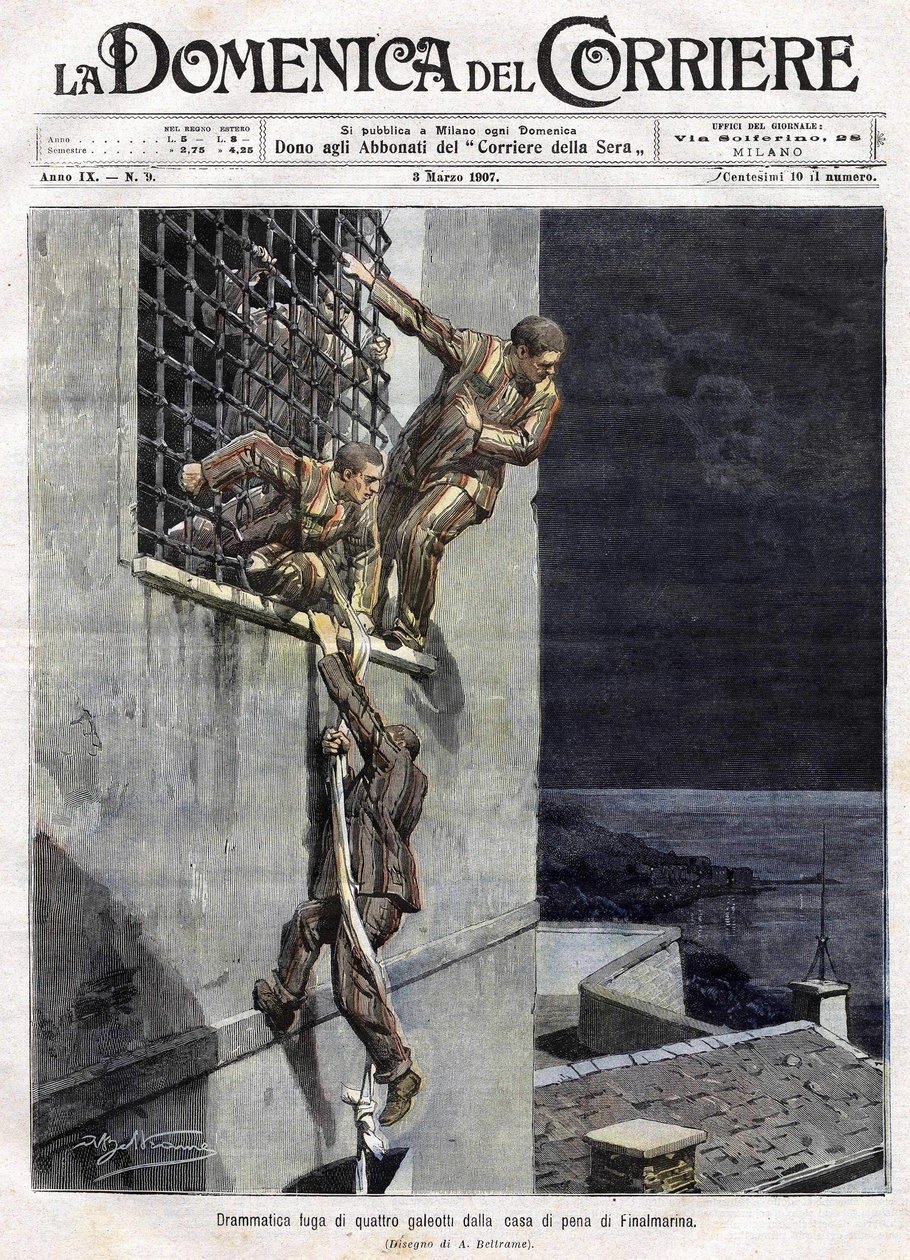 három fogoly szökése az olaszországi Finalmarina börtönből 1907-ben. Achille Beltrame illusztrációja a Domenica del Corriere számára március 3-án alkotó: Achille Beltrame