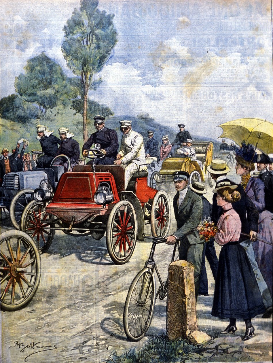 Olaszország első köre autóval 1901-ben, Achilles Beltrame illusztrációja alkotó: Achille Beltrame